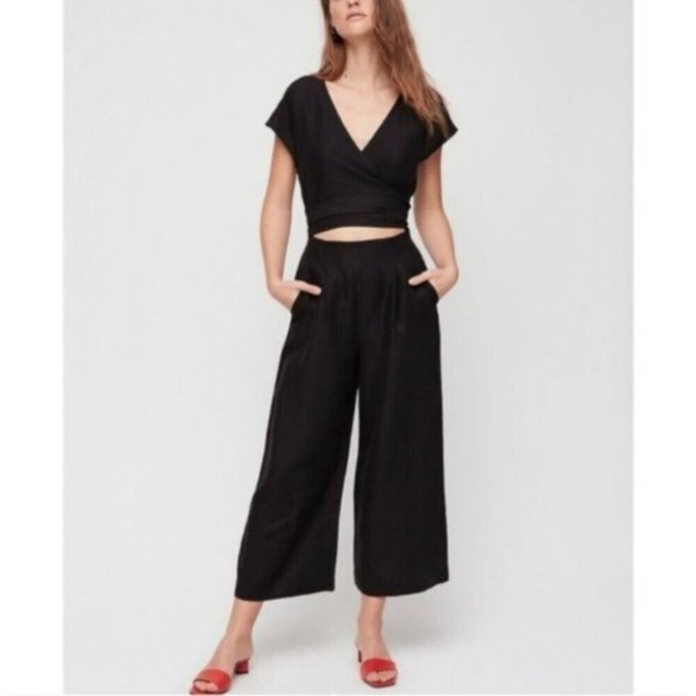 WILFRED Brax Linen Wrap Jumpsuit Wide Leg V Neck  Cap Sleeve Black Aritzia 0
